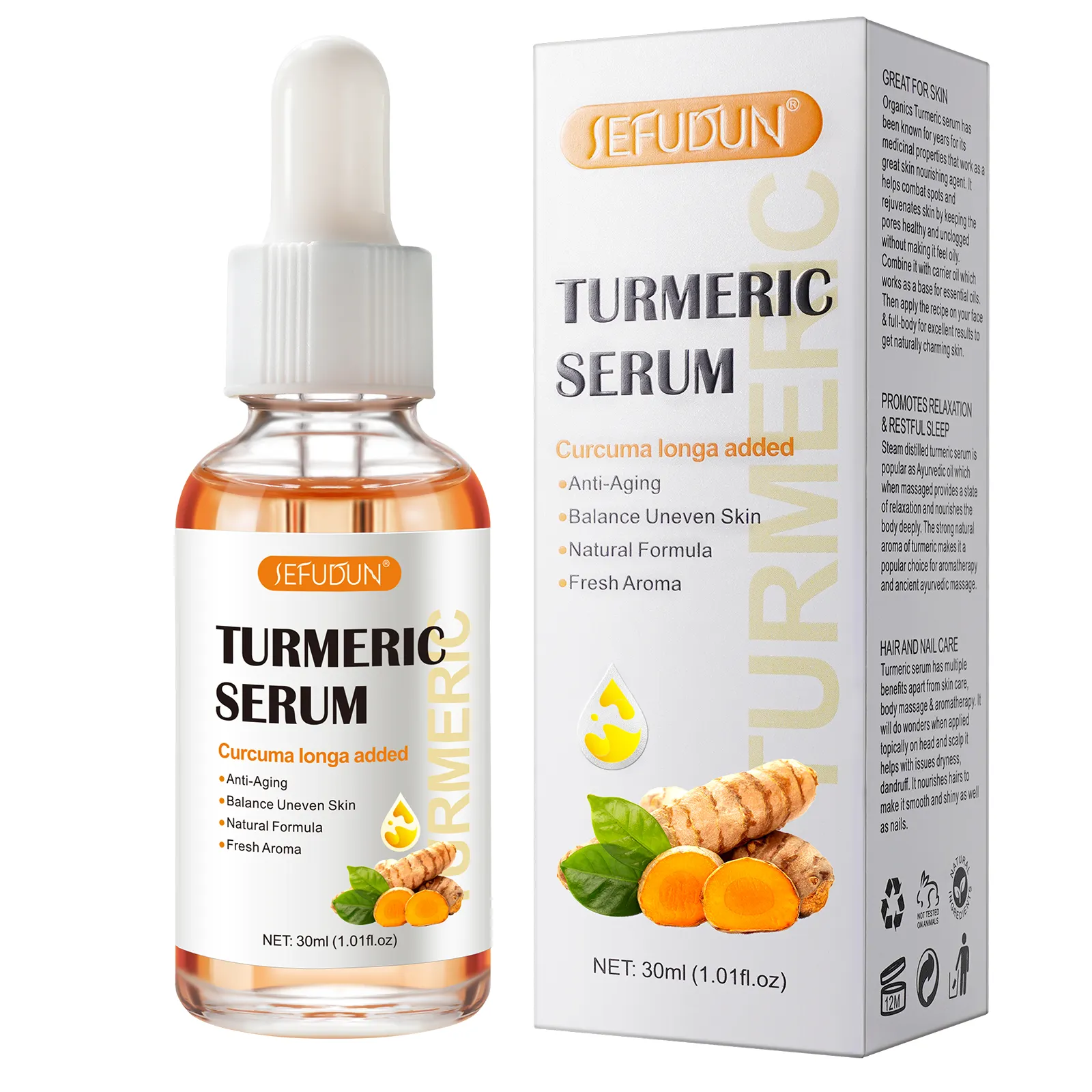 SEFUDUN – sérum turmerique pour le visage, produit de marque privée, formule naturelle, frais et aromatique, correcteur de taches foncées