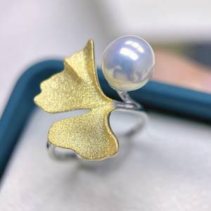 Bague en argent S925 avec feuille de Ginkgo en perle d'eau douce de 9-10 mm, bague en argent pur exquise, lumière intense, extrêmement belle, bijoux fins - Product Image 3