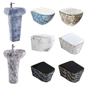 Ensemble de salle de bain en céramique imprimée effet marbre avec décor bord doré, <span class=keywords><strong>WC</strong></span> <span class=keywords><strong>suspendu</strong></span>, lavabo sur colonne intégré - Product Image 1