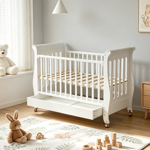 Classic Design White Wooden Sleigh Baby Crib Safety Rails Nursery Baby <strong>Cot</strong> <strong>Bed</strong> <strong>With</strong> Storage <strong>Drawer</strong> - Product Image 1