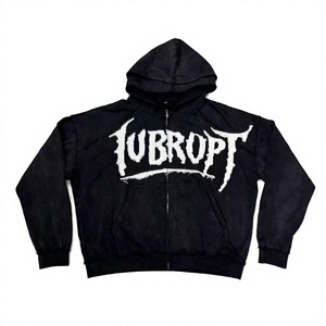 Custom New Black Distressed Zip Hoodie Unisex 100% Cotton Winter Graphic Sweatshirt Heavyweight Oversized Y2K Full Zip Hoodies - Product Image 2