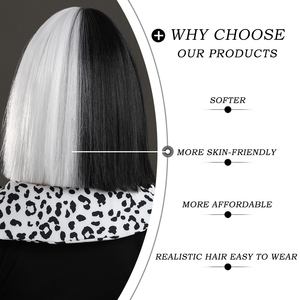 Perruque de 12 pouces avec frange, perruque bob noire et blanche, perruques de cosplay pour Halloween pour femmes, <span class=keywords><strong>cheveux</strong></span> courts et raides - Product Image 4