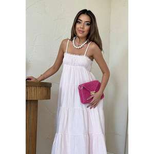 Robe en mousseline rose à rayures, bretelles spaghetti, taille élastique, coupe ample, décontractée, respirante, en tissu tissé pour le quotidien - Product Image 3