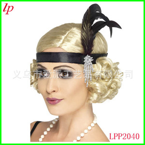 LPP2040 1920s Flapper Feather <b>Headband</b> Beaded Black With Pearl Chain Prom Costume Accessory - Product Image 1
