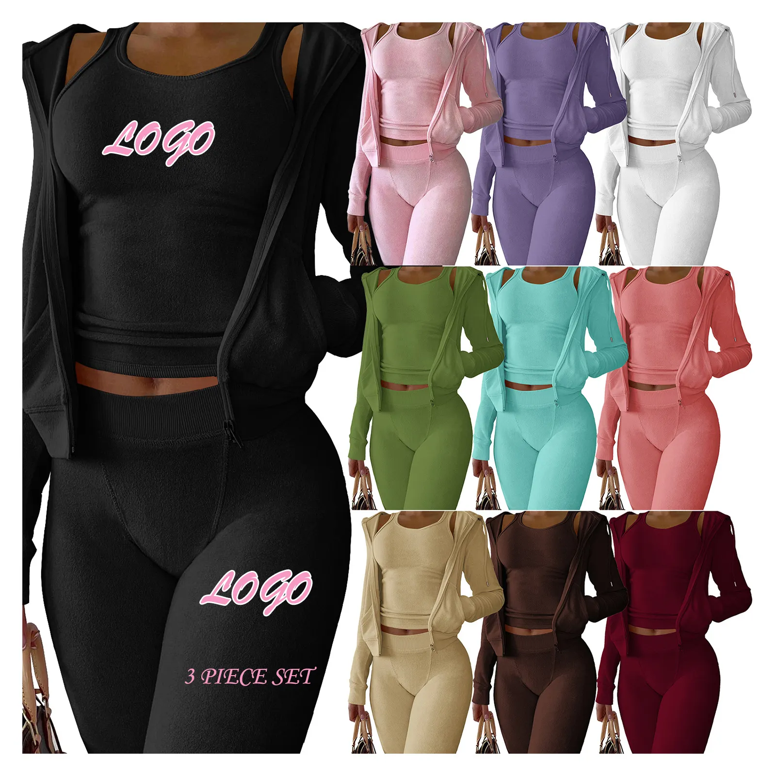 Fall Winter Women Clothes Streetwear Bodysuit Tracksuits Pink Tank Tops Vest Zip Up Hoodie Jogger Set Two Piece Pants Set Woman