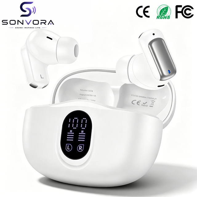 S74 Wholesale 5.4 TWS True Wireless Stereo Earbuds, LED Display, 13mm HiFi Bass Touch Control in Ear Earphones OEM Custom Logo