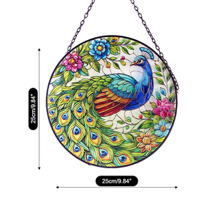 Stained Glass Art Deco Peacock Suncatcher Round Glass <b>Panel</b> & Metal Chain Window Hanging Home Decor - Product Image 6