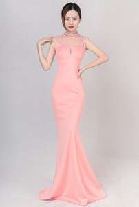 Robe longue de soirée en coton <span class=keywords><strong>bleu</strong></span> à perles, col rond, sans manches, coupe poisson, pour femmes - Product Image 6