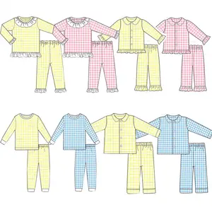 RTS Easter Children gingham pajama sets knitted cotton spring long sleeve two piece set baby bunny pyjamas