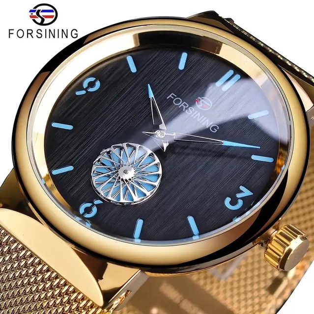 Forsining New  Minimalist Design Golden Stainless Steel Mesh Band 3D Moving Small Waterproof Unique Steampunk Mechanical Watches