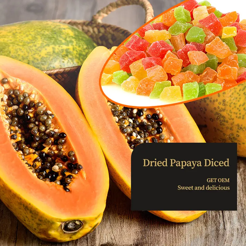 Papaya seca hecha a medida, cubos de piña seca en varios tamaños de fábrica de China, papaya seca natural de alta calidad