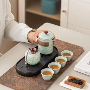 Juego de té de viaje Ru Ware con esmalte craquelado, kit de té Kung Fu de cerámica con bolsa portátil y bandeja para uso en exteriores - Product Image 4