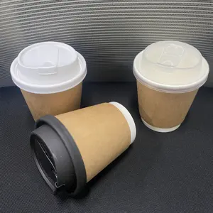 10 oz डिस्पोजेबल भूरे रंग के कागज पीएलए कॉफी कप ढक्कन और आस्तीन के साथ कस्टम लोगो