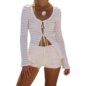 ชุดเซ็ตเสื้อแขนยาวสีขาวลายริบและกางเกงขาสั้นสำหรับผู้หญิง รุ่นคัสตอม 2026 เสื้อผ้าเซ็กซี่สำหรับใส่ไปเที่ยวคลับ ฤดูใบไม้ผลิ ฤดูร้อน ระบายอากาศได้ดี - Product Image 6