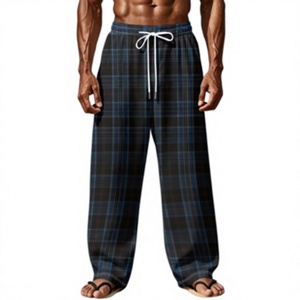 Men's Blue Plaid <b>Wide</b> <b>Leg</b> <b>Pants</b> Casual Drawstring Elastic Waist Loose Fit Summer Lightweight Trousers - Product Image 1