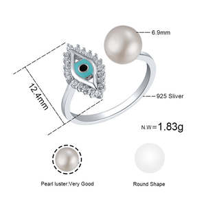 Anillo de Plata de Ley 925 con Baño de Rodio, Talla Abierta, Ojos Azules con Perla de Agua Dulce y Esmalte, para Uso Flexible - Product Image 6