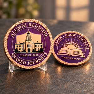 Pièce de monnaie commémorative personnalisée pour réunion d'anciens élèves, émail violet, ton or rose, pour cadeaux de remise de diplôme, commandes en gros, OEM ODM - Product Image 1