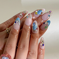 Ongles en acrylique complets de luxe français, forme amande, à presser, faits à la main, faux ongles, diamants colorés, haute qualité