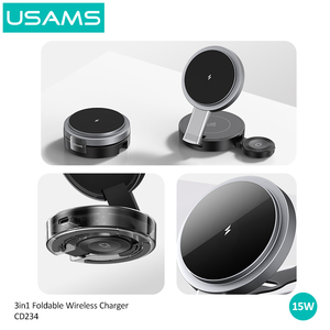 USAMS CD234 10W 15W estación de <span class=keywords><strong>carga</strong></span> rápida plegable 3 en 1 cargador inalámbrico magnético para iPhone 16 15 14 13 12 iWatch <span class=keywords><strong>AirPods</strong></span> - Product Image 4