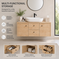 Meuble-lavabo mural moderne pour salle de bain, finition grain de bois, double porte, deux tiroirs, compatible avec lavabo sur pied, mobilier OEM personnalisé