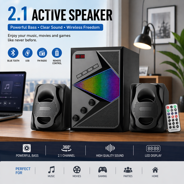 2.1 Active Multimedia Speaker with USB FM Remote Control Powerful Bass Subwoofer