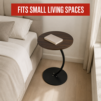 Table d'appoint ronde moderne avec plateau en MDF noyer et pieds en métal noir en forme de C, table d'appoint minimaliste pour salon et chambre