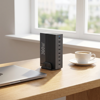 Chargeur rapide USB-C PD GaN 8 ports, sortie totale 300W, max 100W, hub de bureau, boîtier mat, protocole LED PPS, appareil universel