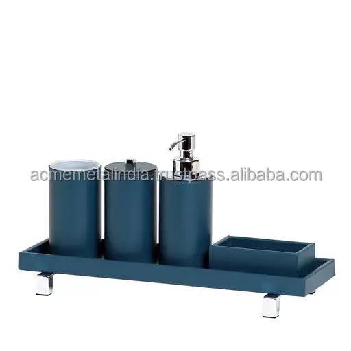 Набор из 5 предметов для ванной комнаты, высококачественный голубой кожаный чехол из нержавеющей стали, серебристый, полированный, хромированный, роскошный дизайн