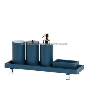 Best Quality Bathroom Set Blue Leather <b>Cover</b> Stainless Steel Silver Polished Chrome Plated Luxury Design Designer Set of 5 - Product Image 1