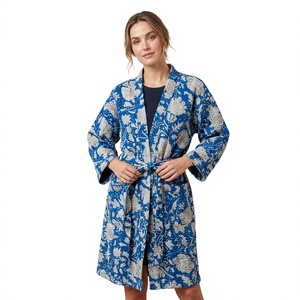 Robe Kimono Kantha d'été en Coton pour Femme, Imprimé Floral, Respirante, Douce, Col en V, Manches Longues, Longueur Complète, Fermeture à Ceinture – Vente en Gros - Product Image 1