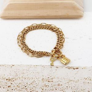Nuevo DISEÑO DE ACERO INOXIDABLE Hip Hop Cuban Lock Key Multi Layer Gold OT Buckle Little Bear Bracelet para mujer - Product Image 6