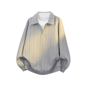 Felpa da <span class=keywords><strong>Uomo</strong></span> Comoda a Maniche Lunghe con Scollo a V, Lavorazione a Maglia, Casual, Vestibilità Ampia, Grigia, con Colletto Polo, alla Moda - Product Image 1