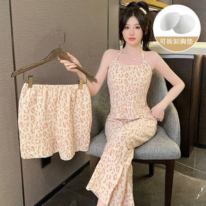 Top fournisseur été 3 pièces pyjamas pour femmes ensemble Sexy rembourré soutien-gorge <span class=keywords><strong>Homo</strong></span> Wear décontracté crêpe coton imprimé vêtements de nuit pour femmes - Product Image 3