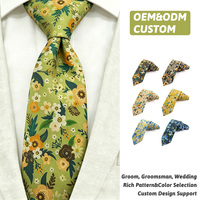 Corbata de algodón verde hierba claro con estampado floral de caléndulas para hombre, con logotipo personalizado, de fábrica