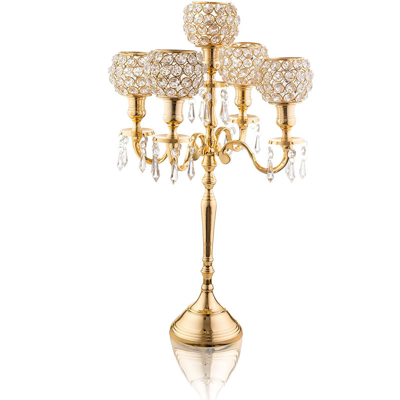 Золотистый канделябр, центральный кусок, 5 свечей с кристаллами и висячими кристаллами