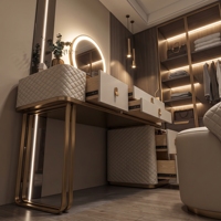Coiffeuse de luxe moderne blanche et or avec 5 tiroirs, miroir rond LED et tabouret matelassé - Ensemble table de maquillage pour chambre à coucher