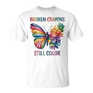 Camiseta de Algodón Unisex con Cuello Redondo y Manga Corta, Estampado Digital Ecológico, Diseño 'Broken Crayons Still Color', Conciencia sobre la Salud Mental - Product Image 1