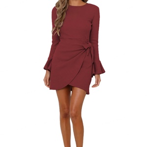 Custom Autumn <b>Winter</b> Women Solid Color Bowknot Mini Dress Wrap <b>Bell</b> Sleeves Ruffled Irregular Hem With Tie Belt Elegant Dresses - Product Image 3