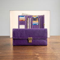 WRIZA Portefeuille long en cuir véritable violet pour femme, fait main, fermeture éclair, style vintage minimaliste, usage quotidien, vente chaude