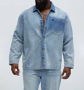 XJYD, diseño personalizado, camisas <span class=keywords><strong>de</strong></span> mezclilla destruidas para hombres, Etiqueta Privada, camisas <span class=keywords><strong>de</strong></span> <span class=keywords><strong>trabajo</strong></span> <span class=keywords><strong>de</strong></span> mezclilla azul lavado con ácido medio, característica transpirable - Product Image 4