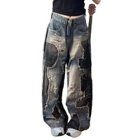 Jean en denim délavé style Wasteland tendance américain, nouveau modèle tie-dye, coupe ample et large pour l'automne