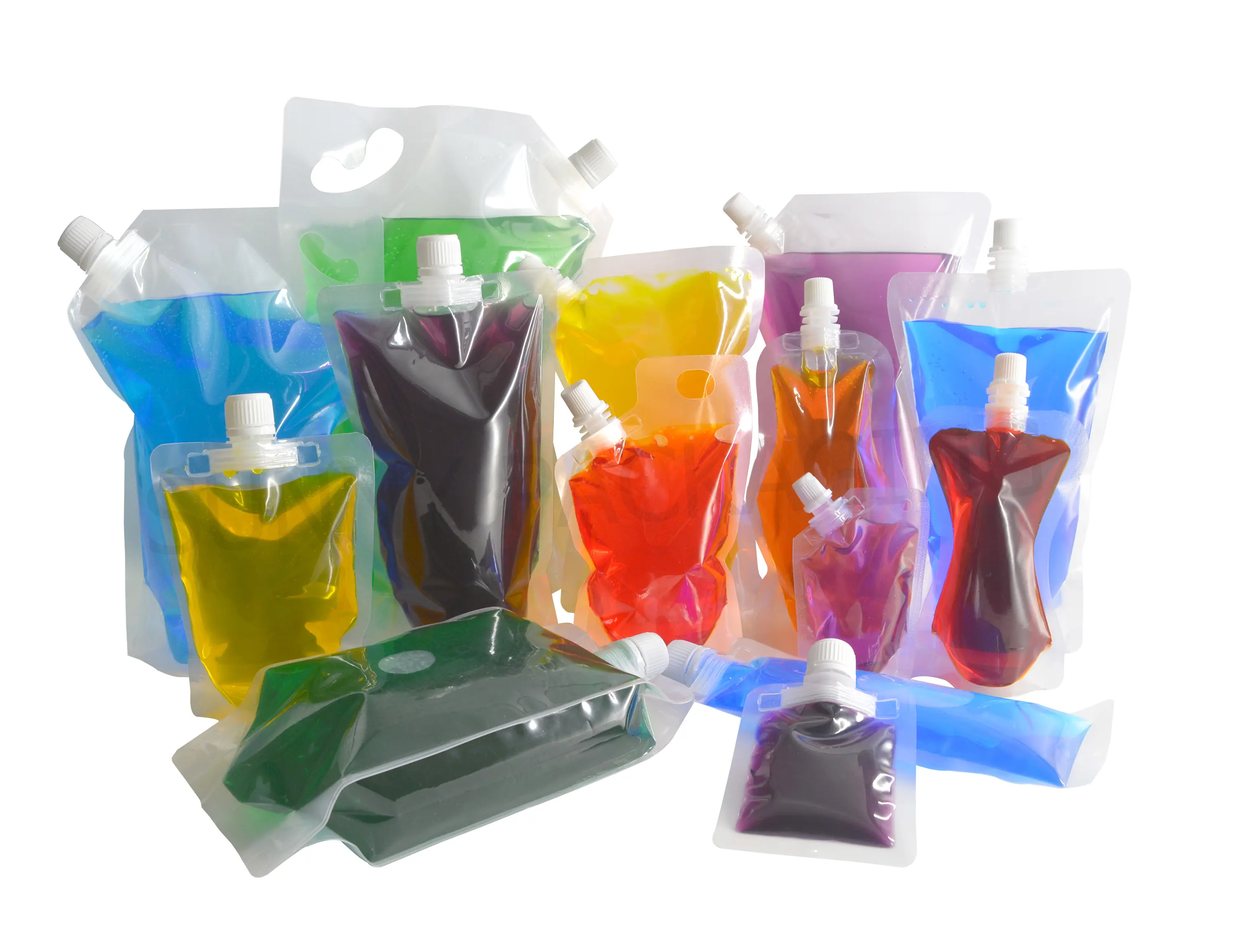 Bolsa de plástico transparente para bebidas, bolsa de plástico transparente para botellas, botellas de vino, boquilla para jugos, salsas y champú