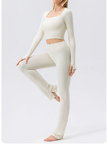 طقم ملابس نسائية خريفية من قطعتين، بلوزة بأكمام طويلة وياقة مربعة ضيقة، وبنطلون واسع عالي الخصر، مناسب لليوغا والرياضة - Product Image 3