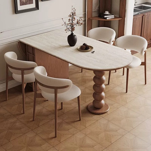 Travertine Slab Dining Table Oval Solid Wood Stable Design For Small Apartments - Product Image 1