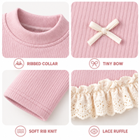 T-shirt côtelé à manches longues pour filles, avec nœud personnalisé, appliqué en dentelle et ourlet à volants, pour tout-petits et enfants, fournisseur en gros OEM ODM