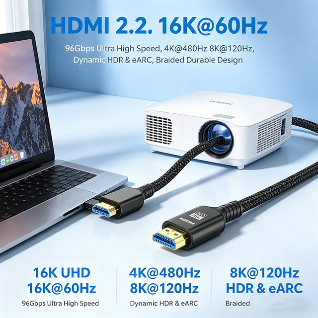 2.2 Cable 16K 60Hz 96Gbps High Speed Braided  Cord 4K 480Hz Dynamic HDR for Gaming Monitor TV