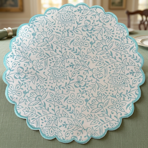 Nouveauté tendance : Sets de table ronds classiques réutilisables en 100 % coton, imprimés à la main au bloc, motifs floraux indiens, bleu aqua et vert russe - Product Image 2