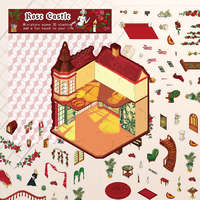 Autocollants décoratifs 3D tendance pour jouets, motif château gothique vintage, rose et scène de chalet de dessin animé