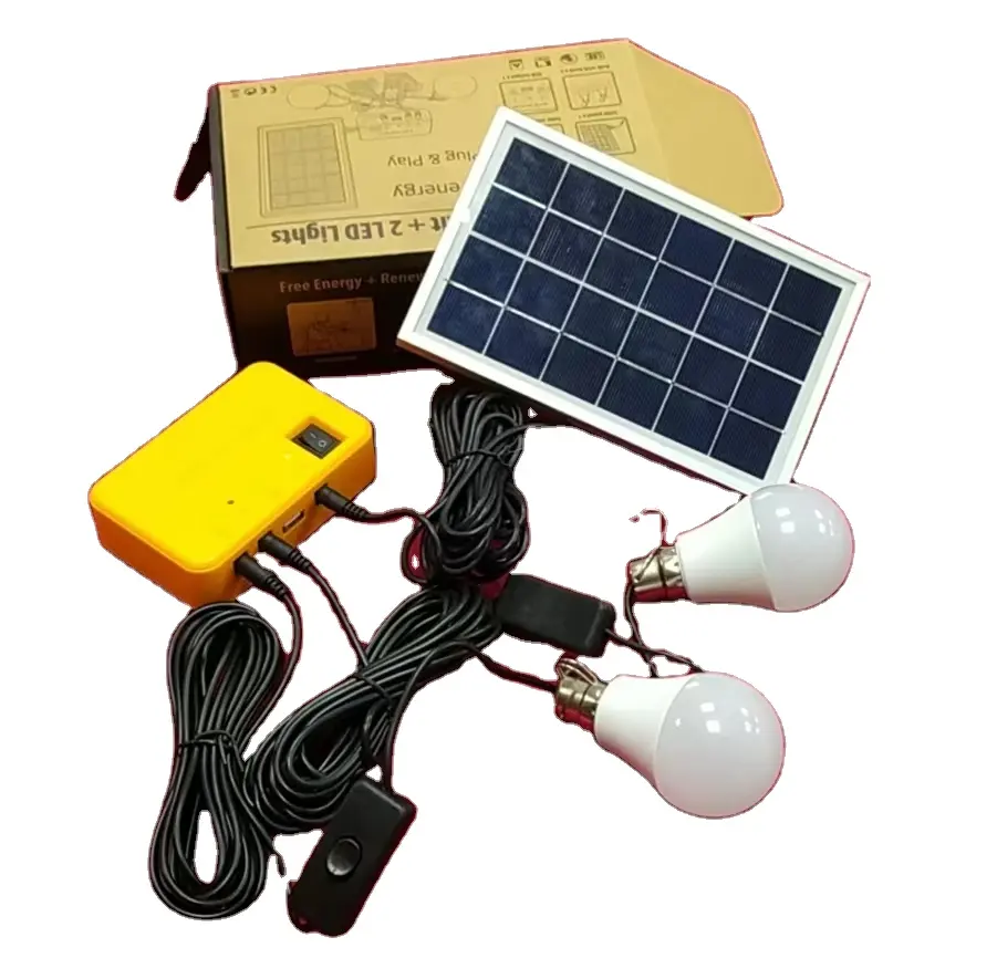 2つのLED電球を備えた3Wポータブルミニソーラー照明キットDCランプ充電USBポートを備えた小型家庭用エネルギーシステム