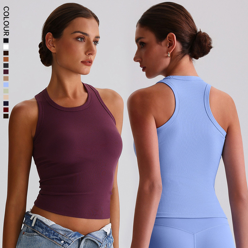 SHINBENE Women Regular Fit Crew Neck Ribbed Crop Tops Breathable Plus Size Casual Racerback Padded Gym Yoga Sleeveless Vest